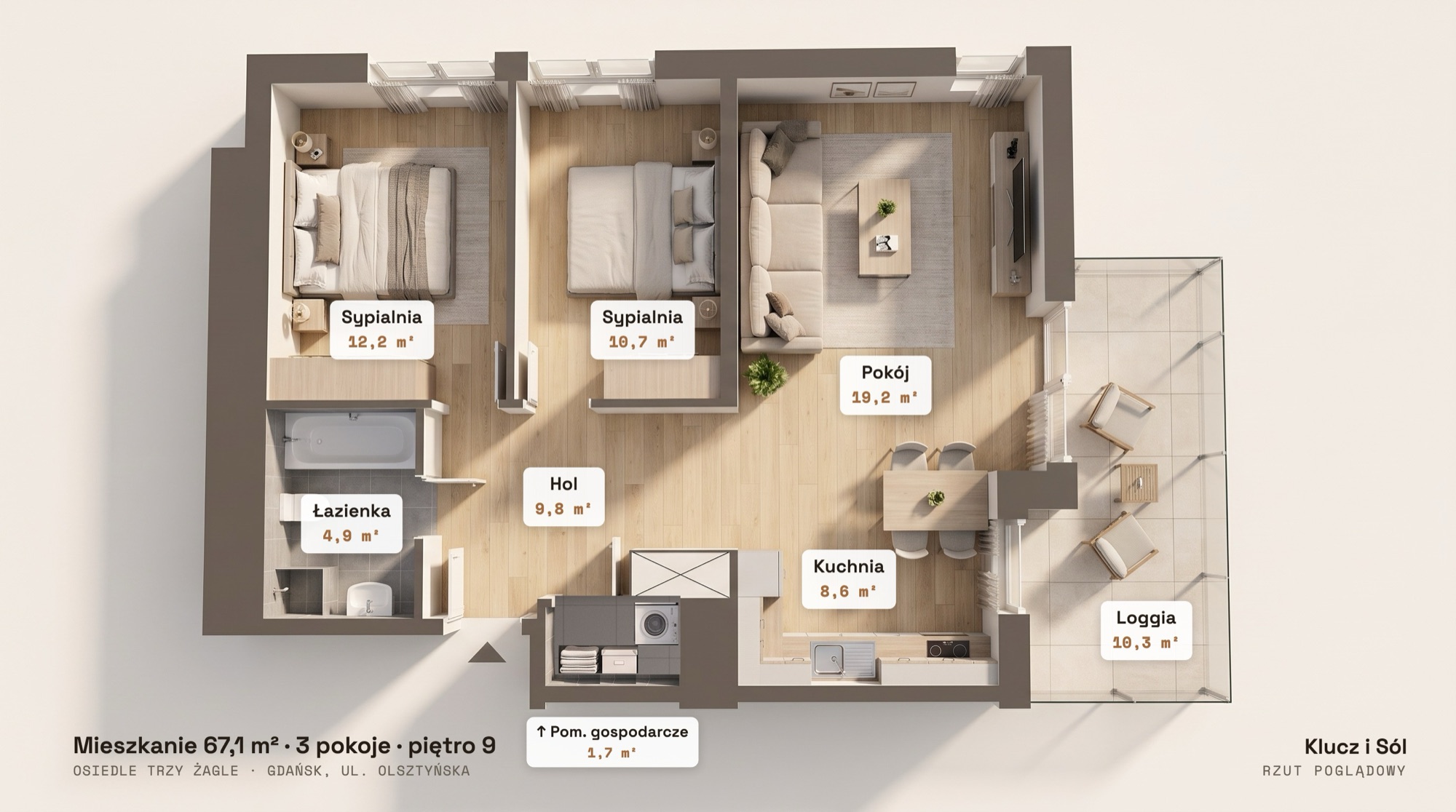 Rzut 3D mieszkania 67,1 m² — osiedle Trzy Żagle, ul. Olsztyńska, Gdańsk Przymorze Wielkie
